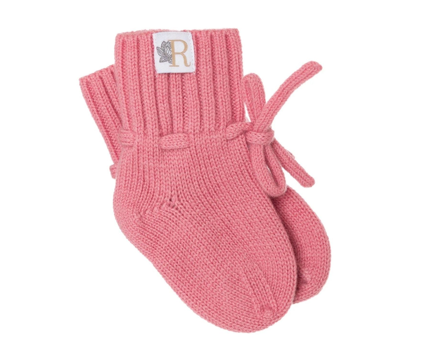 Handgebreide merinowollen babyslofjes in oudroze met koordje