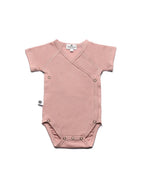 Short-sleeved crossover romper - Merino wool | Misty Rose